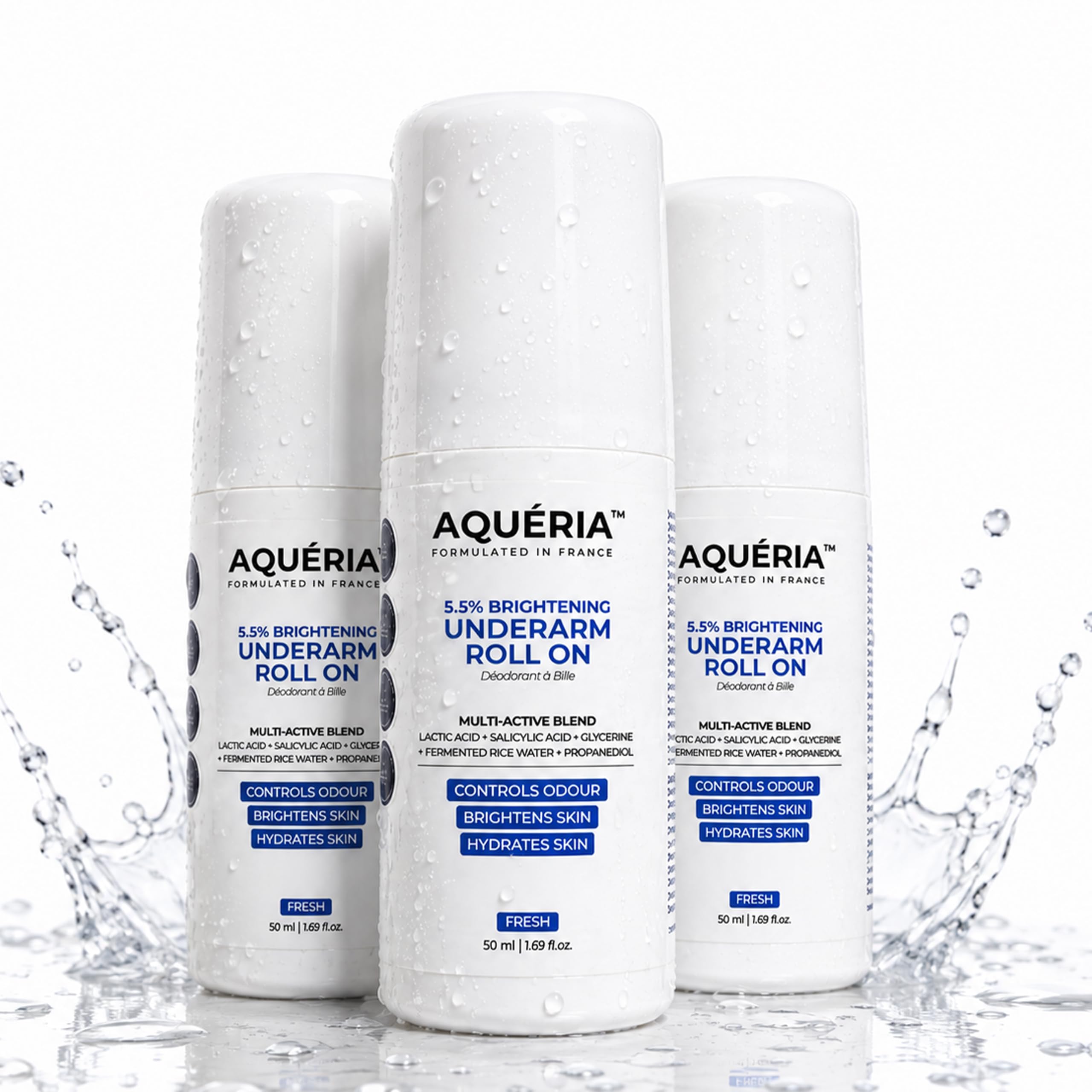 Aqueria Underarm Brightening Roll-On for Men & Women | Lactic Acid, Fermented Rice Water & Glycerine | Helps Reduce Dark Underarms, Pigmentation & Uneven Skin Tone | Controls Body Odour | Fresh Fragrance | Pack of 3 (150ml)-image-33