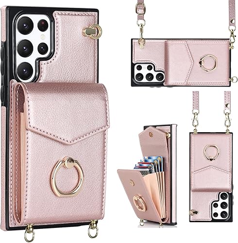 YYTVN Funda para Samsung Galaxy S22 Ultra 5G de 6.8 pulgadas, funda minimalista tipo cartera con soporte de anillo y correa para el hombro, a prueba