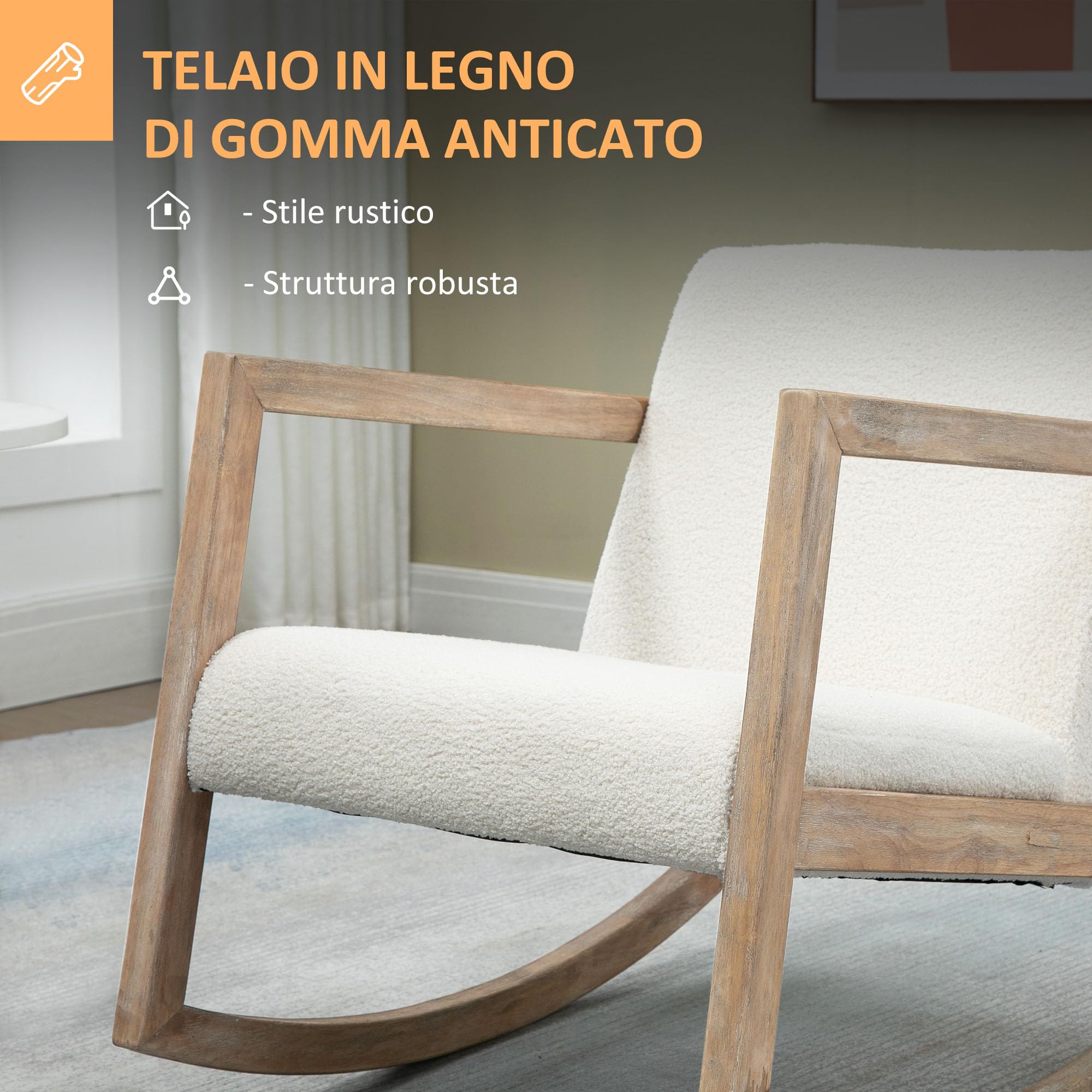 HOMCOM Sedia a Dondolo Minimal con Cuscini per Seduta e Schienale, Sedia per Soggiorno in Legno di Caucciù, Pile e Schiuma, 60x81x71 cm, Bianco Crema