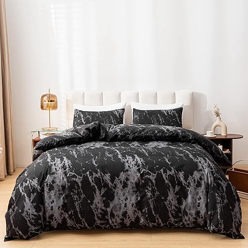 Miniatura 2 de Smoofy Juego de edredón tamaño King con estampado de mármol negro, juego de cama con estampado de mármol negro, tela suave con microfibra cepillada,