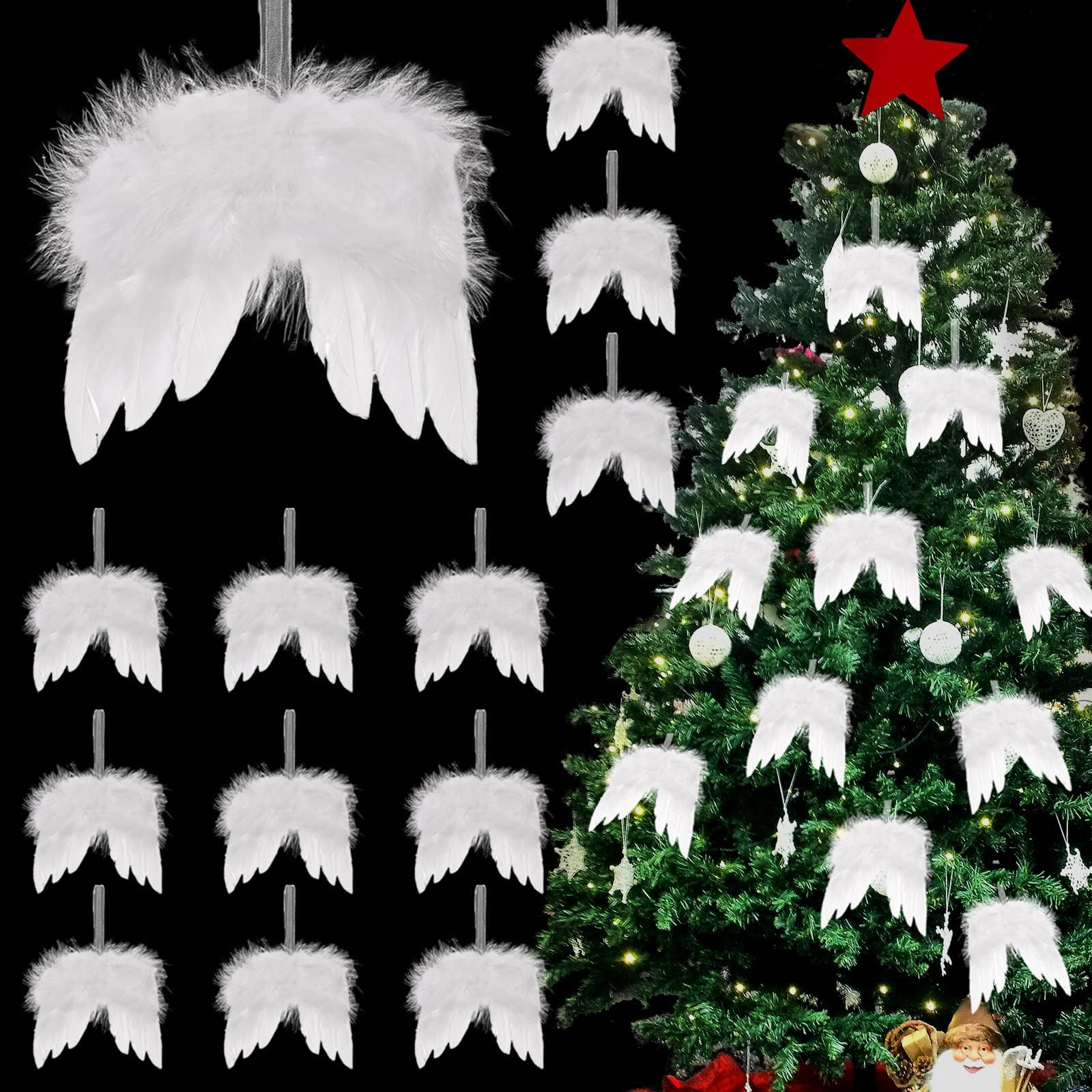 12Pcs White Angel Wings Christmas Ornaments Angel Feather Wings Hanging Decor for Christmas Tree Angel Wings Pendant for Crafts Xmas Party DIY Decorations