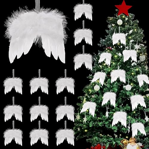 12 piezas de alas de ángel blancas de Navidad, alas de plumas de ángel, decoración colgante para árbol de Navidad, alas de ángel colgantes para