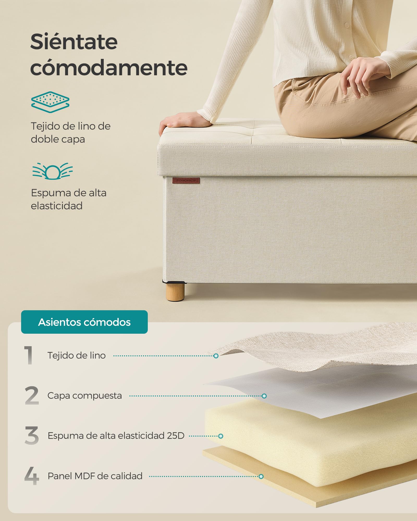 SONGMICS Puff Almacenaje, Baúl Plegable con Patas, 38 x 110 x 40 cm, Banco de Pie de Cama, Banco Almacenaje, Soporta hasta 300 kg, para Sala de Estar, Dormitorio, Entrada, Blanco Crema LSF018W11