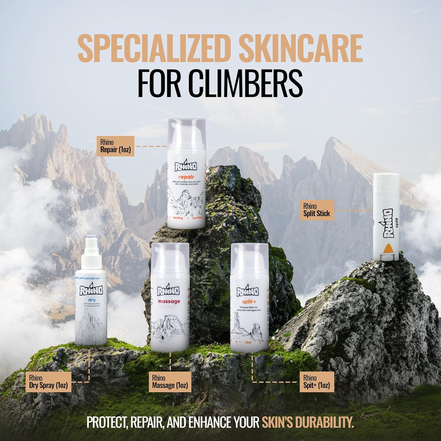 Rhino Skin Starter Kit Bundle - Climbing Skincare 5-Piece Set with Hand Cream, Lotion, Conditioner, Antiperspirant, and Balm | For Dry and Cracked Hands | Travel Size Hand Creams with Handmade Pouch