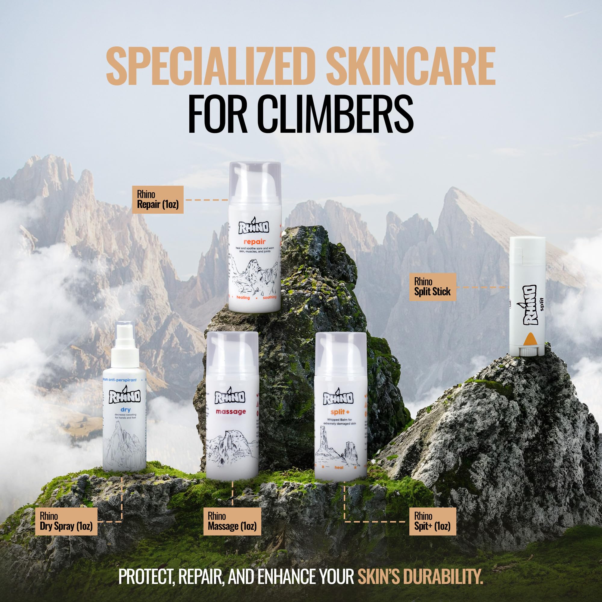 Rhino Skin Starter Kit Bundle – Climbing Skincare 5-teiliges Set mit Handcreme, Lotion, Conditioner, Antitranspirant und Balsam | Für trockene und rissige Hände | Handcremes in Reisegröße mit