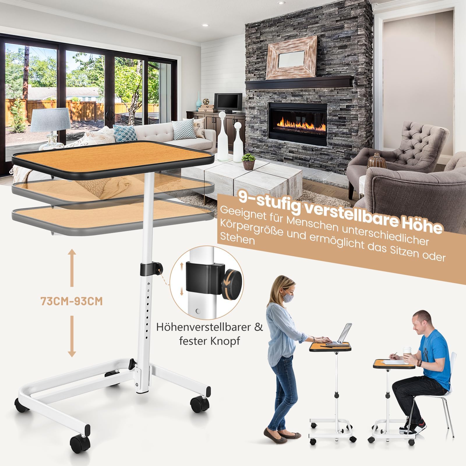 FANTASK höhenverstellbarer Pflegetisch, 60,5 x 40 x 73-93 cm des Pflegetisches, Krankentisch mit in Mehreren Winkeln neigbarer Platte, Natur