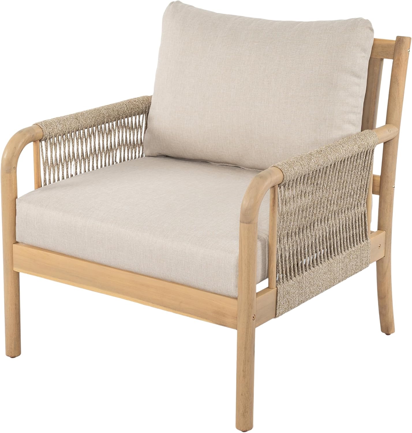 Christopher Knight Home Casper Acacia Wood Lounge Chair Outdoor with Removable Cushion, Wooden Patio Accent Chair with Woven Rope Details, Outdoor Armchair for Patio Furniture Set, Light Teak+Beige