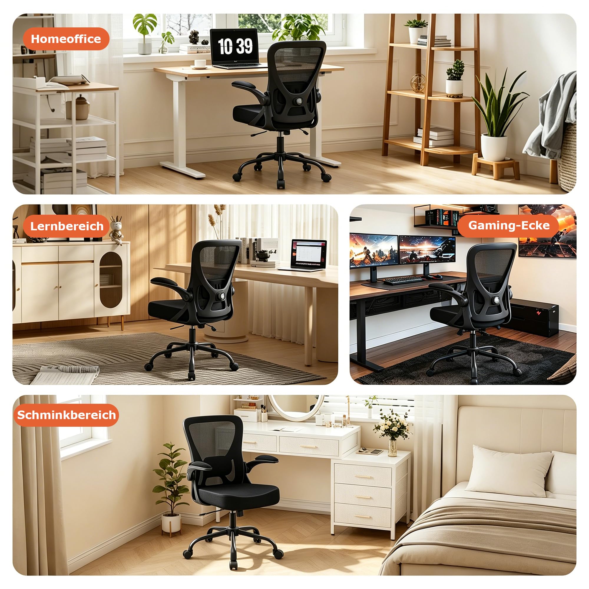 Ergonomischer Bürostuhl mit hochklappbaren Armlehnen, Schwarz