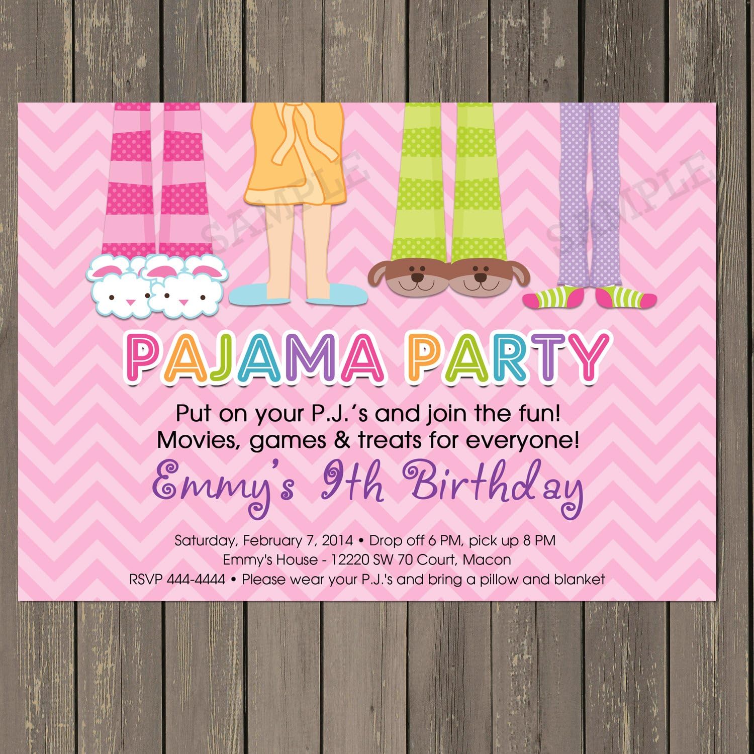 Pajama Party Sleepover Birthday Party Invitation in Pink Chevron, Pj Party Invitation, Slumber Party Invitation