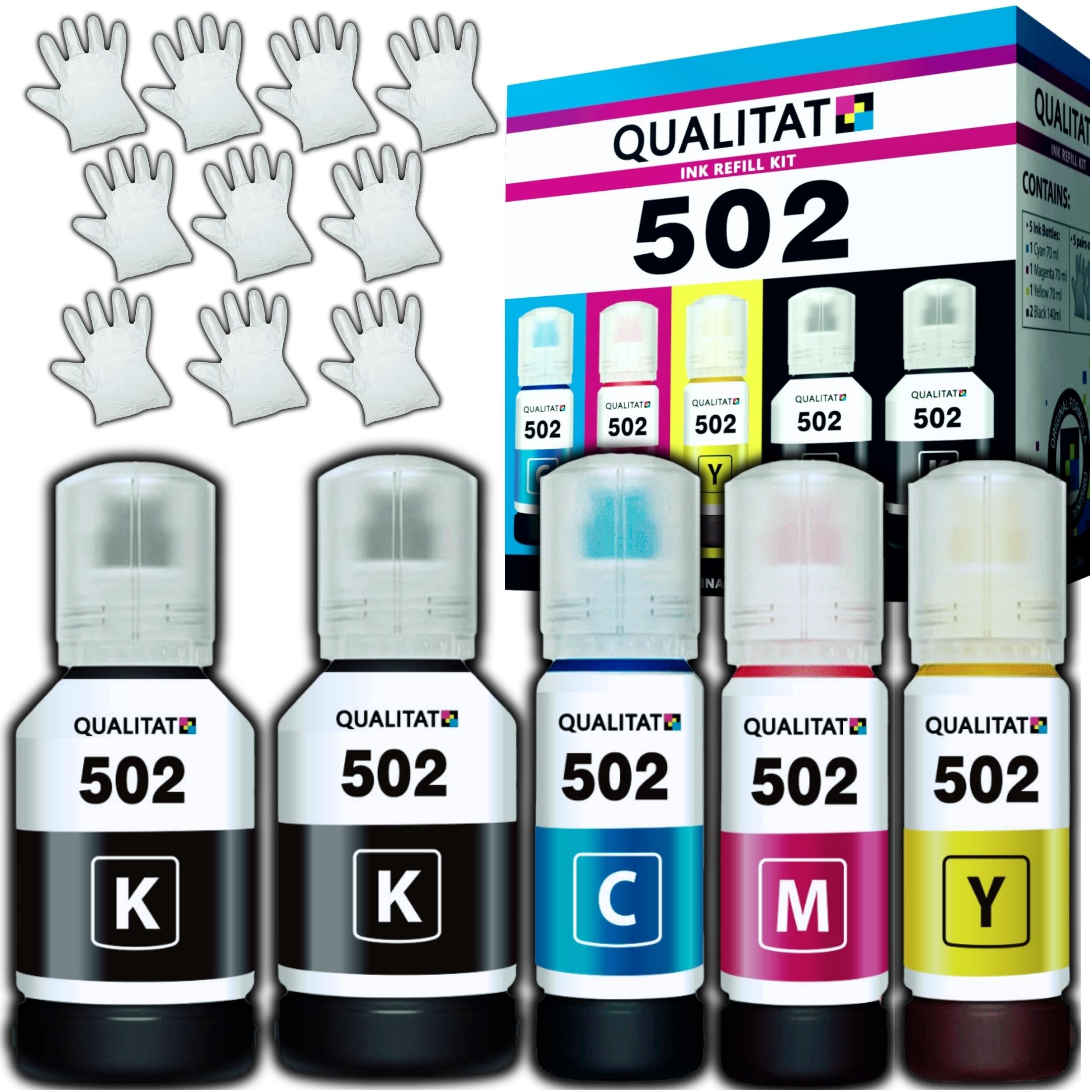 Photo 1 of QUALITAT Epson 502 Ink Refill Bottles | [5 Bottles]-High Yield 502 Ink(Black-Cyan-Magenta-Yellow) +1 Extra Black +10 Gloves +Ink Storage Box | Epson Ecotank ET-2850, ET-2750, ET-2760, ET-4760, ET-4850