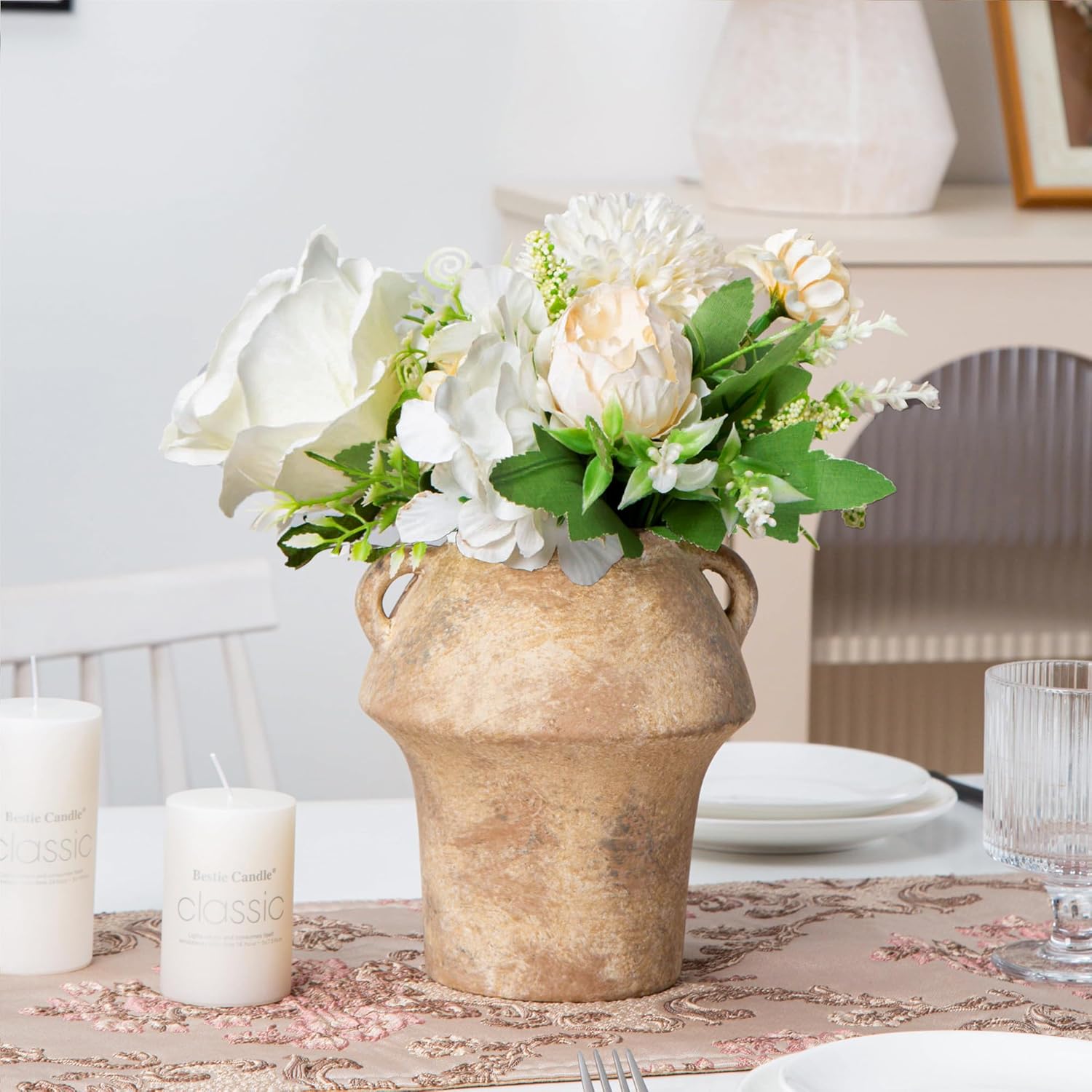 Rustice Vase for Flowers, 7in Decorative Farmhouse Vases for Pampas Grass, Vintage vase for Centerpieces, Terracotta Wide Open Vases with Handle, Unique Ceramic Vase by Lyeec - Image 5