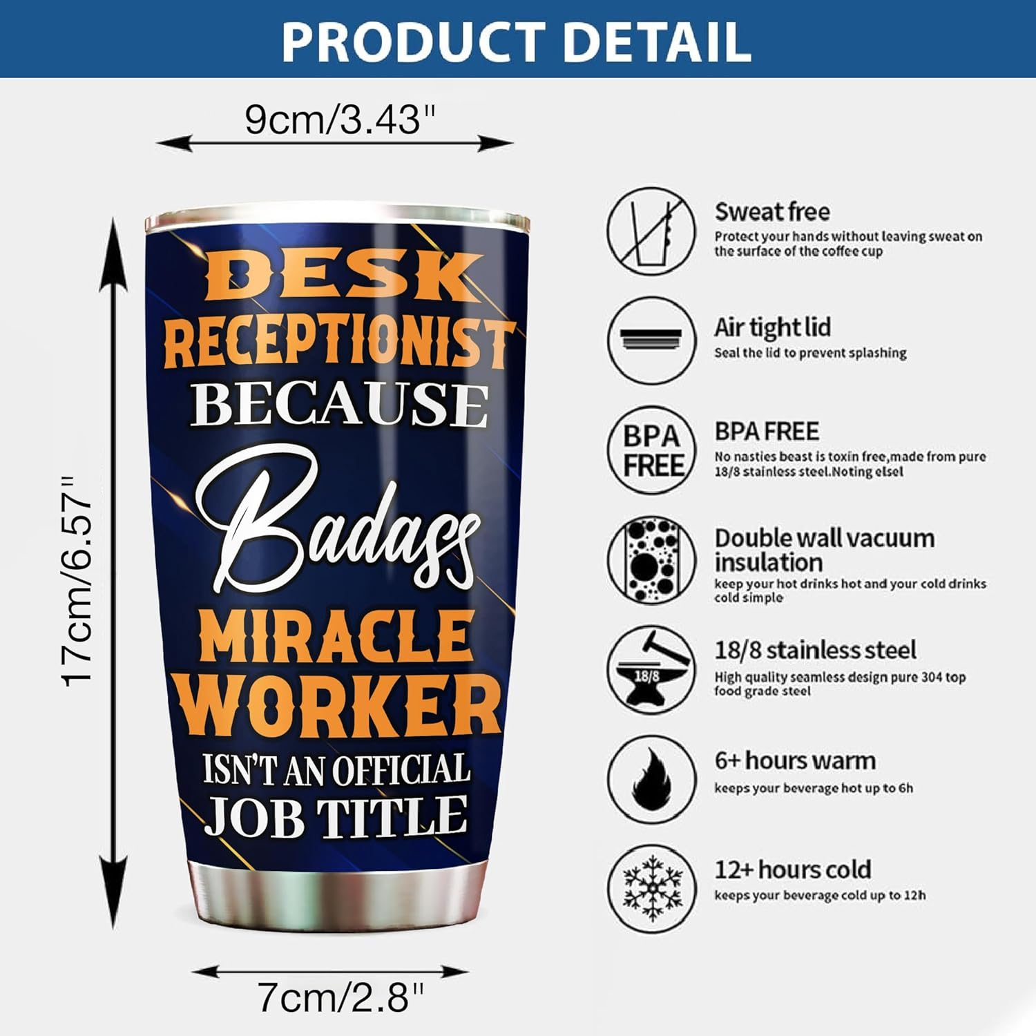 Desk Receptionist Tumbler 20oz – Stainless Steel Insulated Travel Mug for Men & Women, Coffee Cup Gift for Desk Receptionist, Work, Office, Retirement, Birthday, Christmas, Appreciation