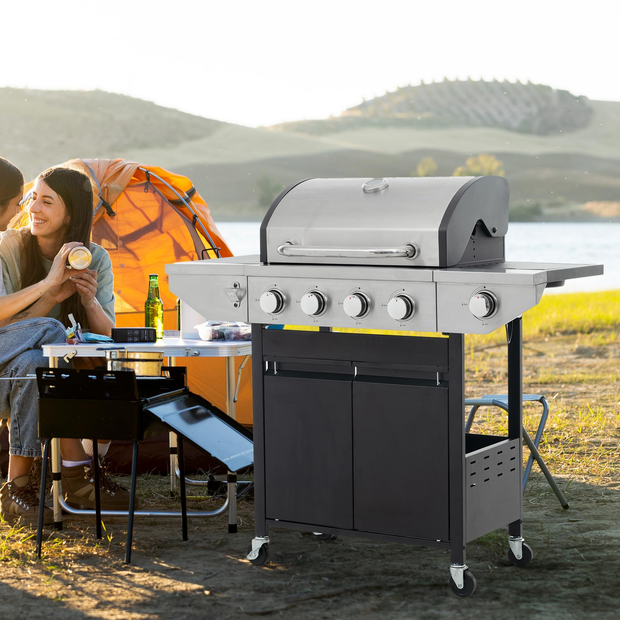 Propane Gas Grill 4 Burner with Side Burner Stainless Steel, 46,500 BTU for Outdoor Cooking Patio & Garden, Electronic Ignition & Thermometer for Precision BBQ