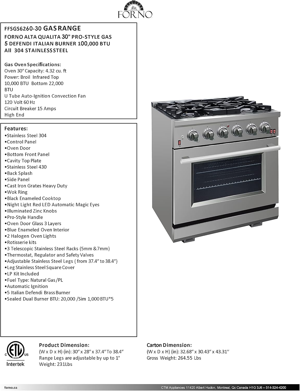 FORNO Capriasca Full Gas 30" Inch. Freestanding Range with 5 Sealed Burners Cooktop - 4.32 Cu.Ft. Gas Convection Oven Capacity, Stainless Steel Heavy Duty Cast Iron Grates.