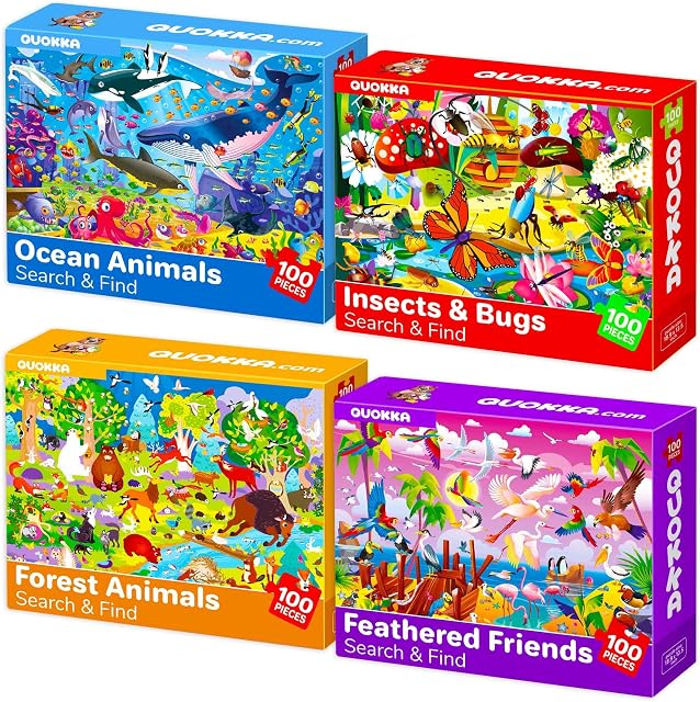 QUOKKA Puzzles de 100 pièces pour enfants de 4 à 6 ans – 4 puzzles pour enfants de 6 à 8 ans – Jeu de recherche et de découverte avec des animaux de la forêt océanique pour enfants de 5 à 8 ans – Jouets éducatifs pour garçons et filles de 8 à 10 ans
