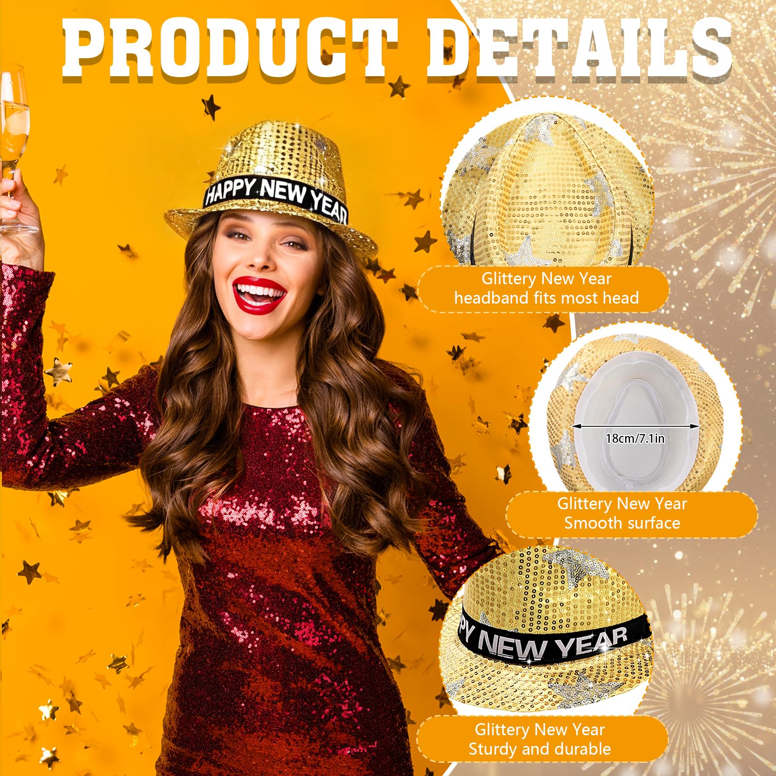 HOWAF 3PCS New Years Eve Party Accessories 2026, Happy New Year Hats with Shiny Sequins - Image 3