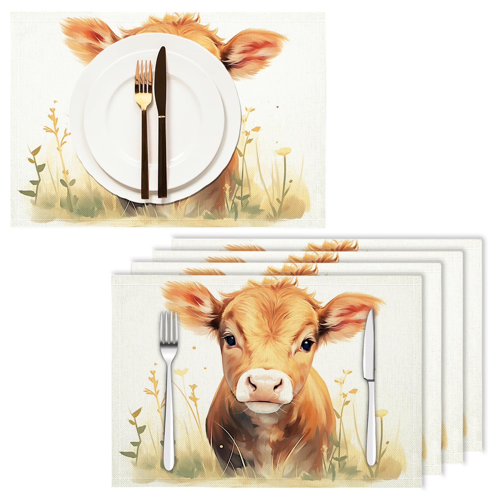 Pack de 8 Table Dessin animé en Coton et Lin, Set de décoration de Table 30×45cm pour événements, Mariage, Anniversaire, dîner, café, Cuisine, (Veau des prairies)