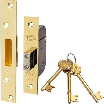 TSS High Security 5 Lever British Standard Mortice Deadlock with 3 Keys and Fixings, 2.5 (68mm) Polished Brass, Insurance Approved for External Doors, British Standard BS3621:2007