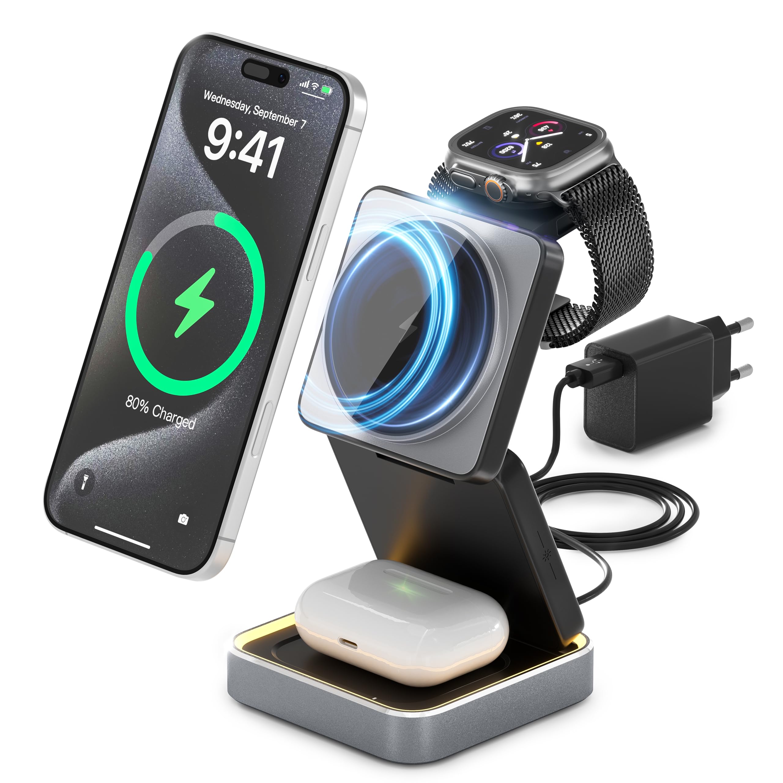 Tigratigro Caricatore Wireless 3 in 1 Pieghevole, Magsafe Stazione di Ricarica per iPhone Serie 16/15/14/13/12, iWatch 10/9/Ultra/8/7/6/5/4, AirPods 4/3/2/Pro (Nero)