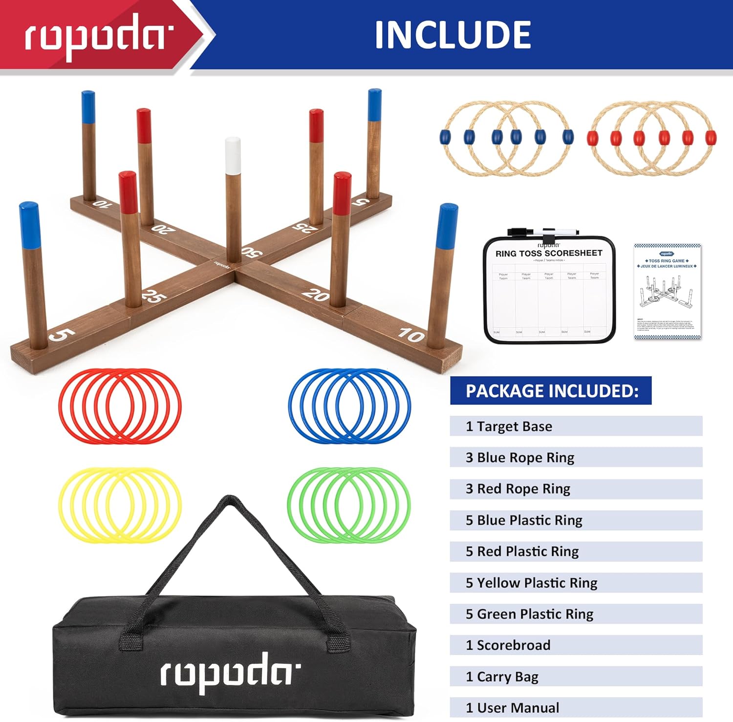 ropoda Ring Toss Game Extra Large 28" Yard Game for Kids and Adults with Stable Magnet Connection, Include 26 Easy-Throw Rings, Carry Bag, Scoreboard, Easy Set Up Outdoor Games for Adults and Family