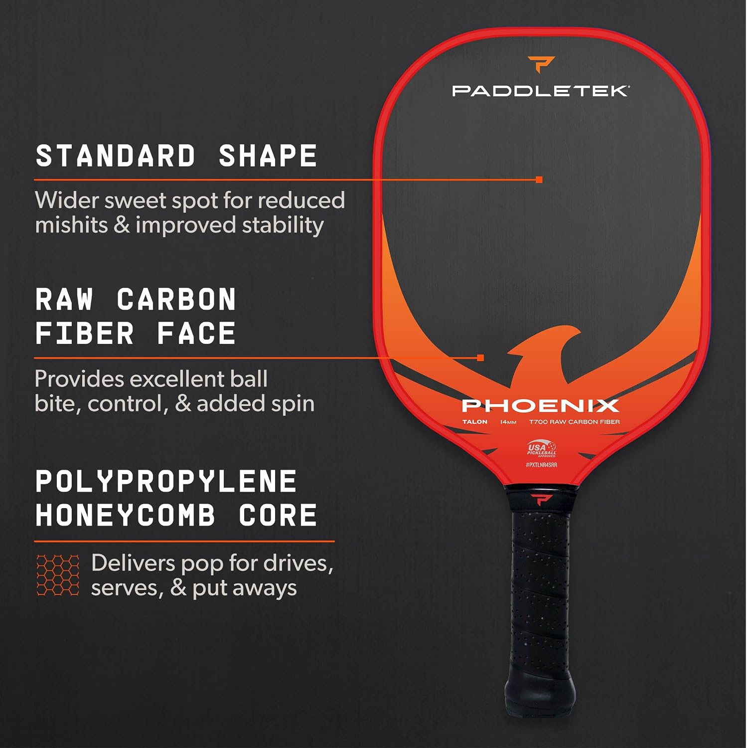 Paddletek Phoenix Talon – 14mm Pickleball Paddle – Raw Carbon Fiber Face – Balanced Control & Spin – Polypropylene Honeycomb Core – USAPA Approved Pickle Ball Paddle – 5.25 Inch Handle