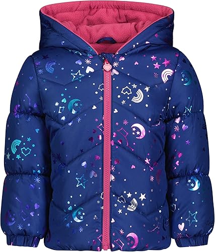 LONDON FOG Chaqueta acolchada de invierno con gorro de forro polar para bebé niñas, marino