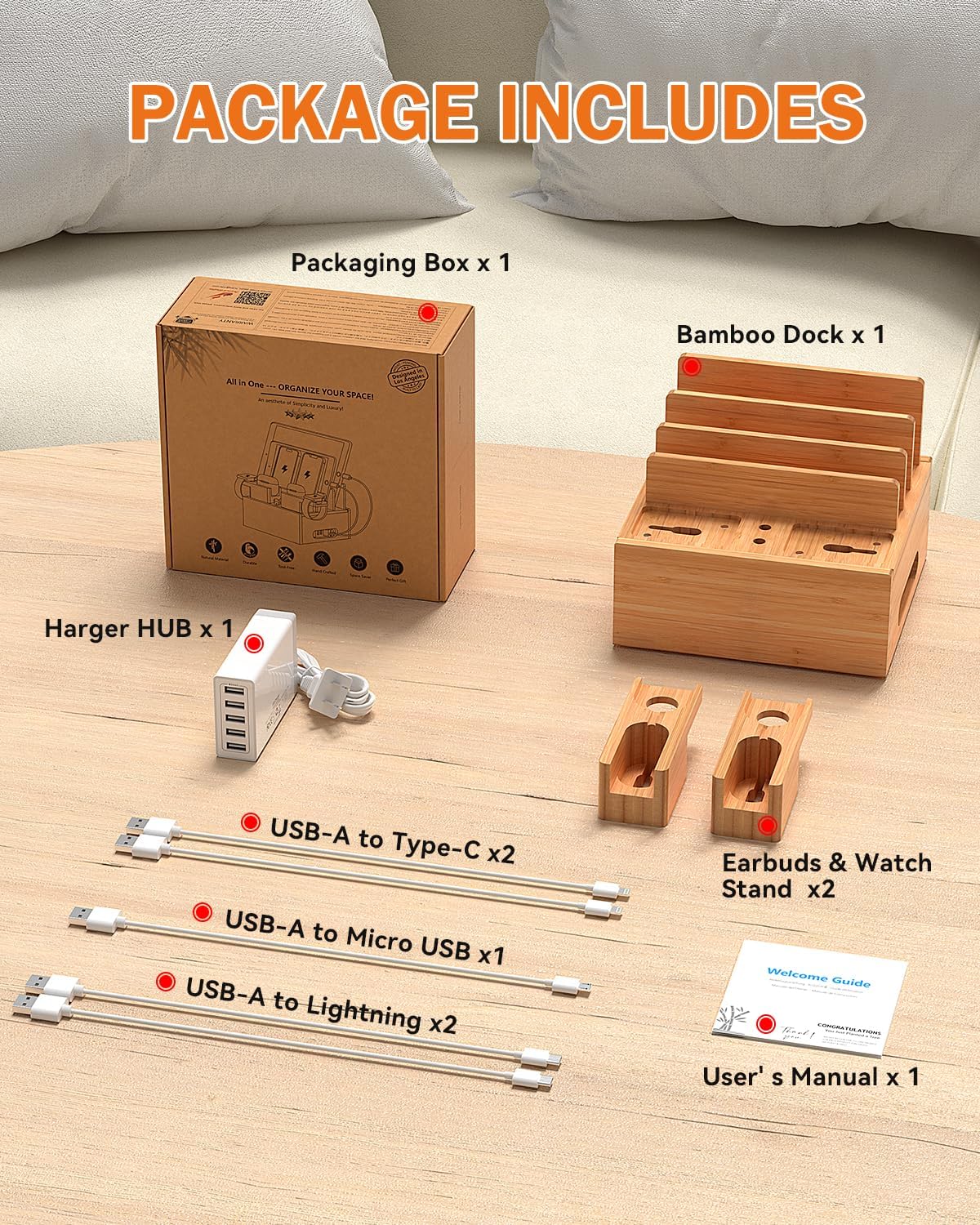 Pezin & Hulin Bamboo Charging Station for Multiple Devices, with Power Charger, Wire Cables 5 Pack, Compatible with Multi Phones & Tablet, for Earbuds & Smart Watch