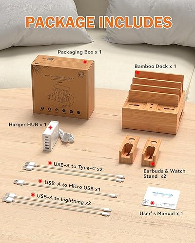 Miniatura 3 de Organizador de estación de carga de bambú para múltiples dispositivos incluye cargador USB de 5 puertos paquete de 6 cables de carga y
