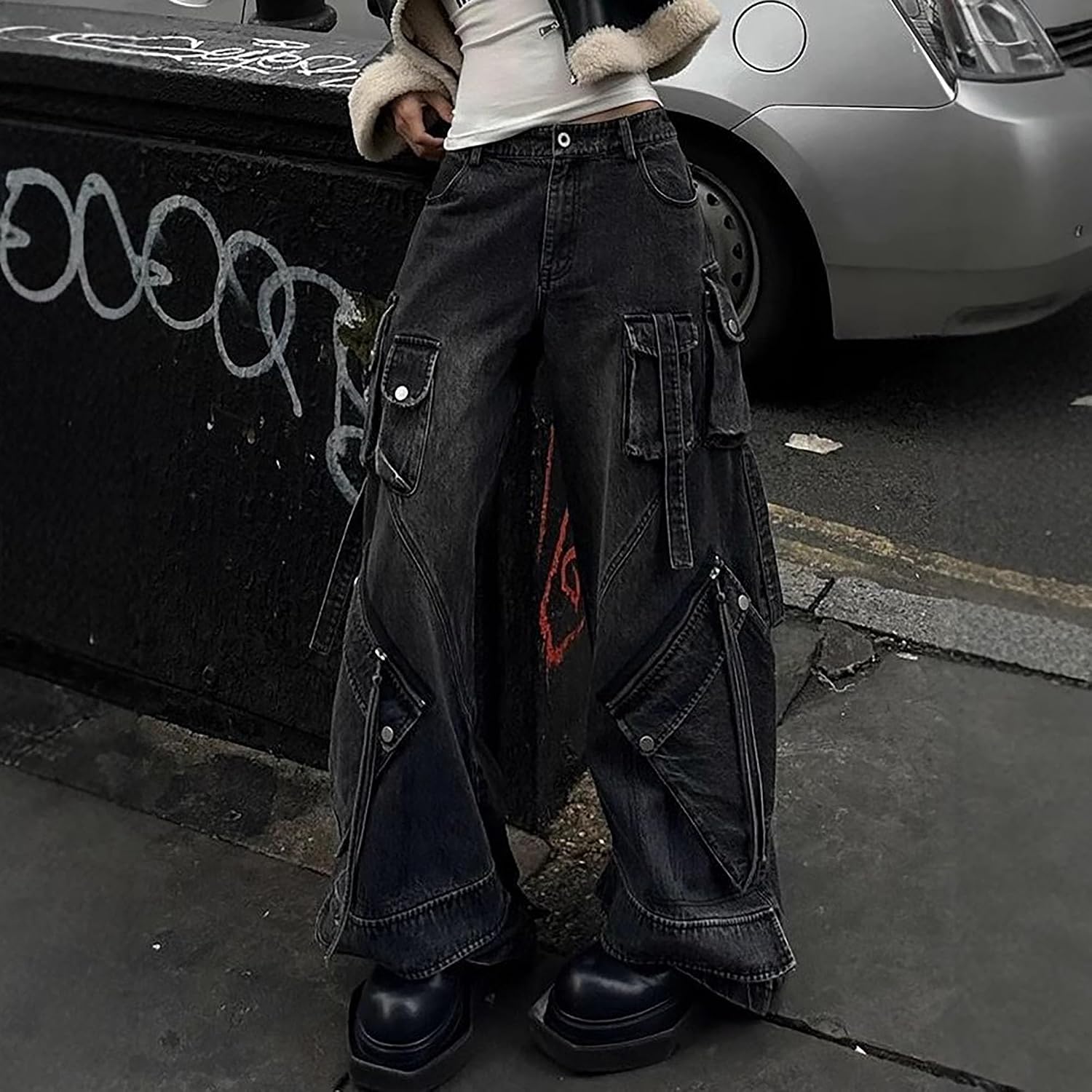 MEINVQIAOTI Hip hop Streamer Punk Dark Goth Pants Emo Grunge Heavy Industry Women's Cargo Jeans Baggy Cargo Pants Women