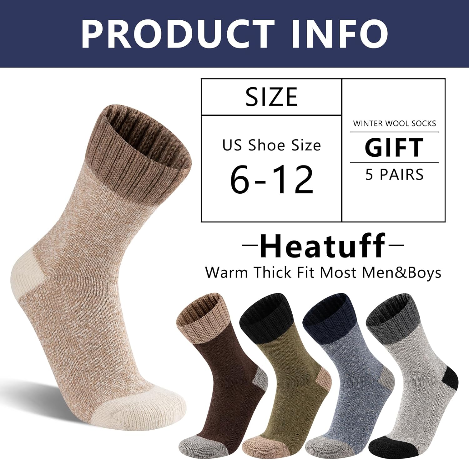 Heatuff Mens Thick Wool Socks Thermal Warm Winter Crew Socks 5 Pairs Multicolors - Image 6