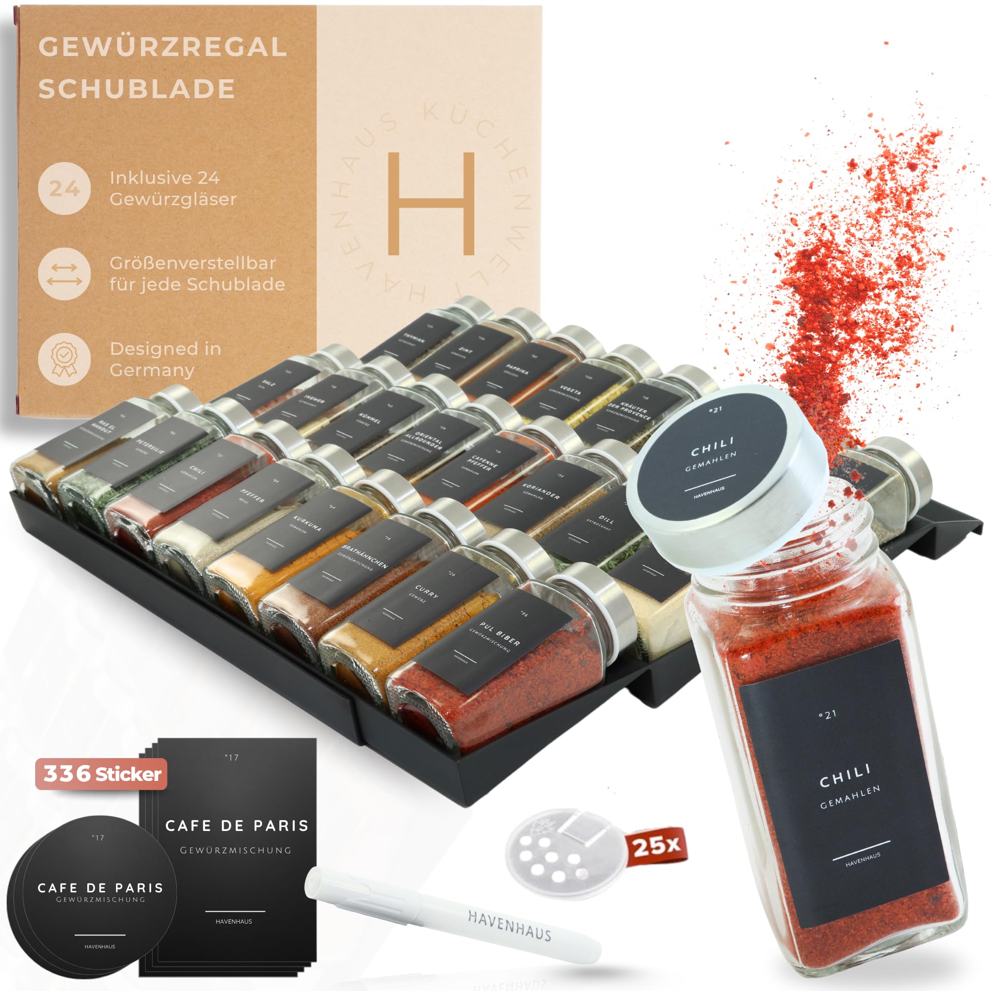 Havenhaus Gewürzgläser Set mit Regal | Gewürzregal Schublade inkl. 24 Gewürzgläser& 336 Gewürzetiketten | Gewürz Organizer Schublade verstellbar& passend für alle Schubladen | Gewürzeinsatz Schublade