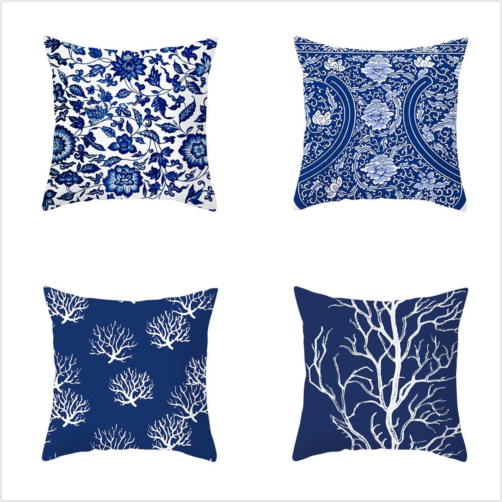 Juego de 4 Impermeable Funda de Cojín Flores Azules,45x45cm Moderno Suave Transpirables Lino Fundas de Almohada Cojines Decorativos con Cremallera Oculta para Exterior Sofá Cama Coche Hogar