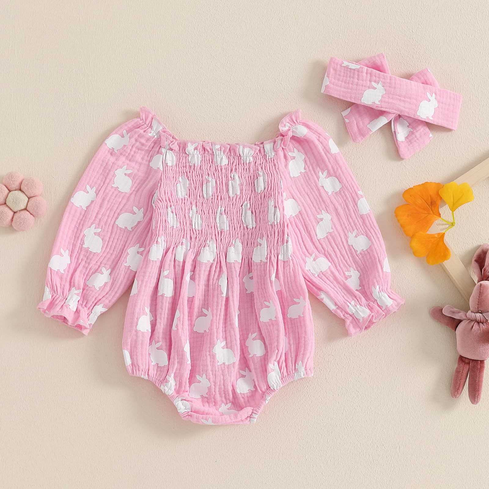 MOLZULAMS Newborn Baby Girl Easter Outfit Bunny Smocked Bubble Romper Ruched Bodysuit My First Easter Cute Fall Clothes (Pink, 0-3 Months)