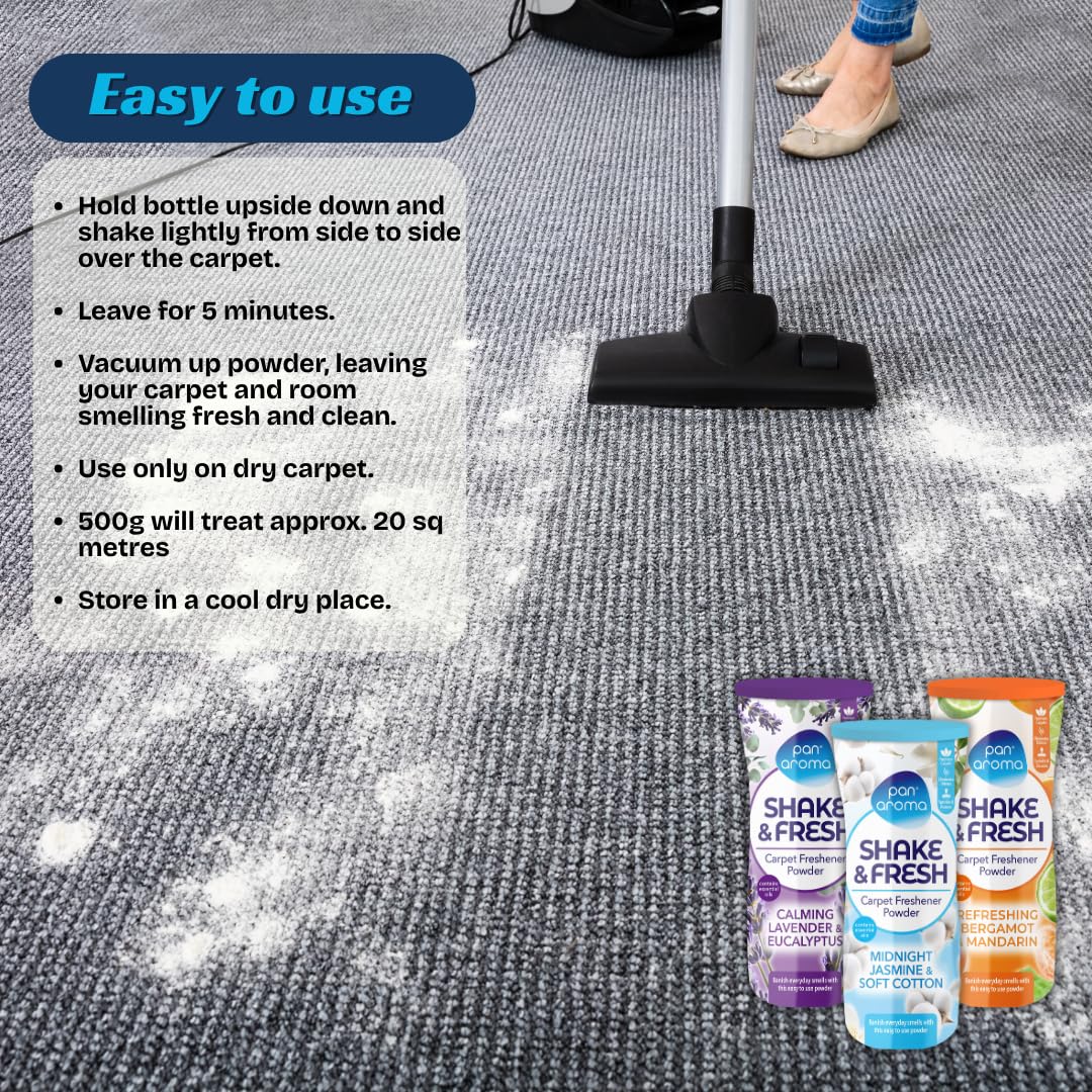 New Pan Aroma Shake and Fresh - Ambientador en polvo para alfombras, 500 g x 3 unidades, limpieza profunda de alfombras, polvo limpiador y desodorante | Shake n Vac | Fragancias mixtas de primera