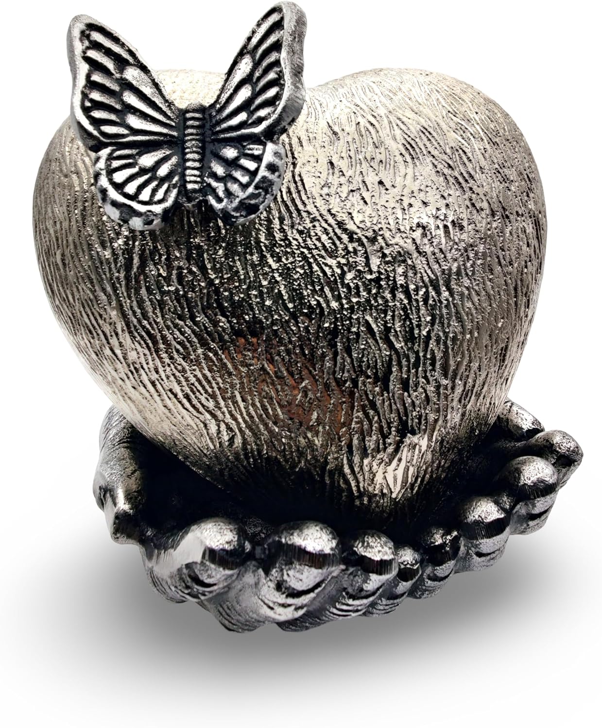 Chrome Cremation Heart Urn with Butterfly for Ashes with Hand Shape Stand Memorial Humans Keepsake for Women and Men