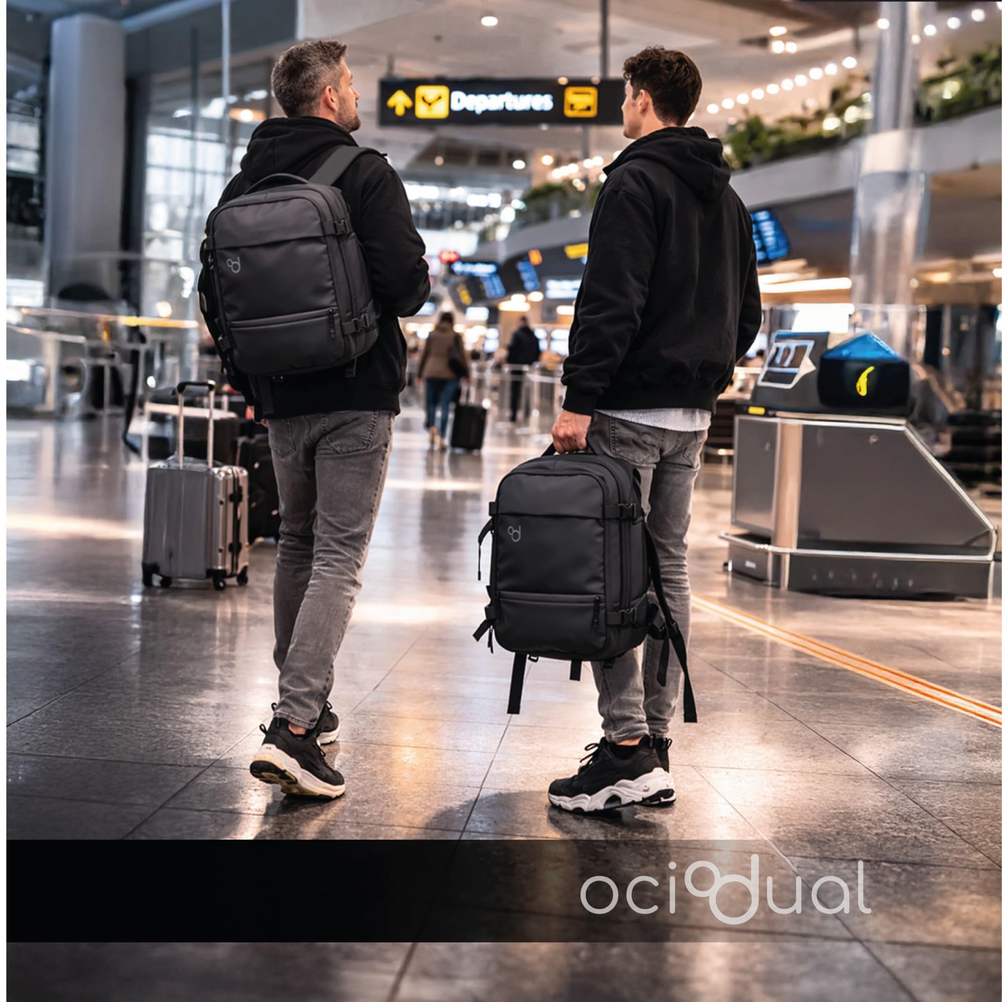 OcioDual Zaino da Viaggio 40x30x20 cm, Bagaglio a Mano Sottosedile, Zaino Cabina con Capienza Regolabile 40x30x17-20 cm, Scomparti Organizzati, Unisex, Nero