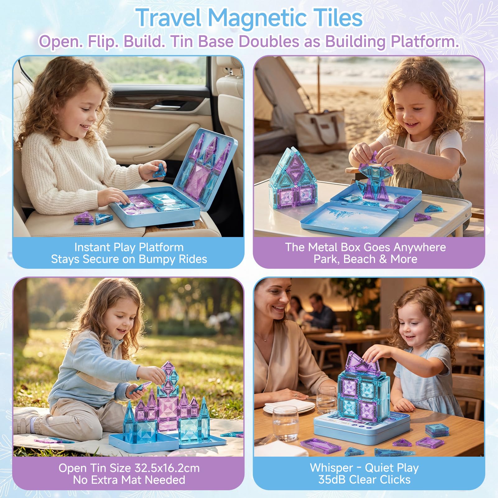 burgkidz Magnetische Bausteine Reisespielzeug für Mädchen, 42 Teile Eisprinzessin Magnetische Tiles in Metallbox - 60 Min Ruhe 30s Aufräumen - Auto Zug Flugzeug Geschenk 3 4 5 6 7 8 Jahre