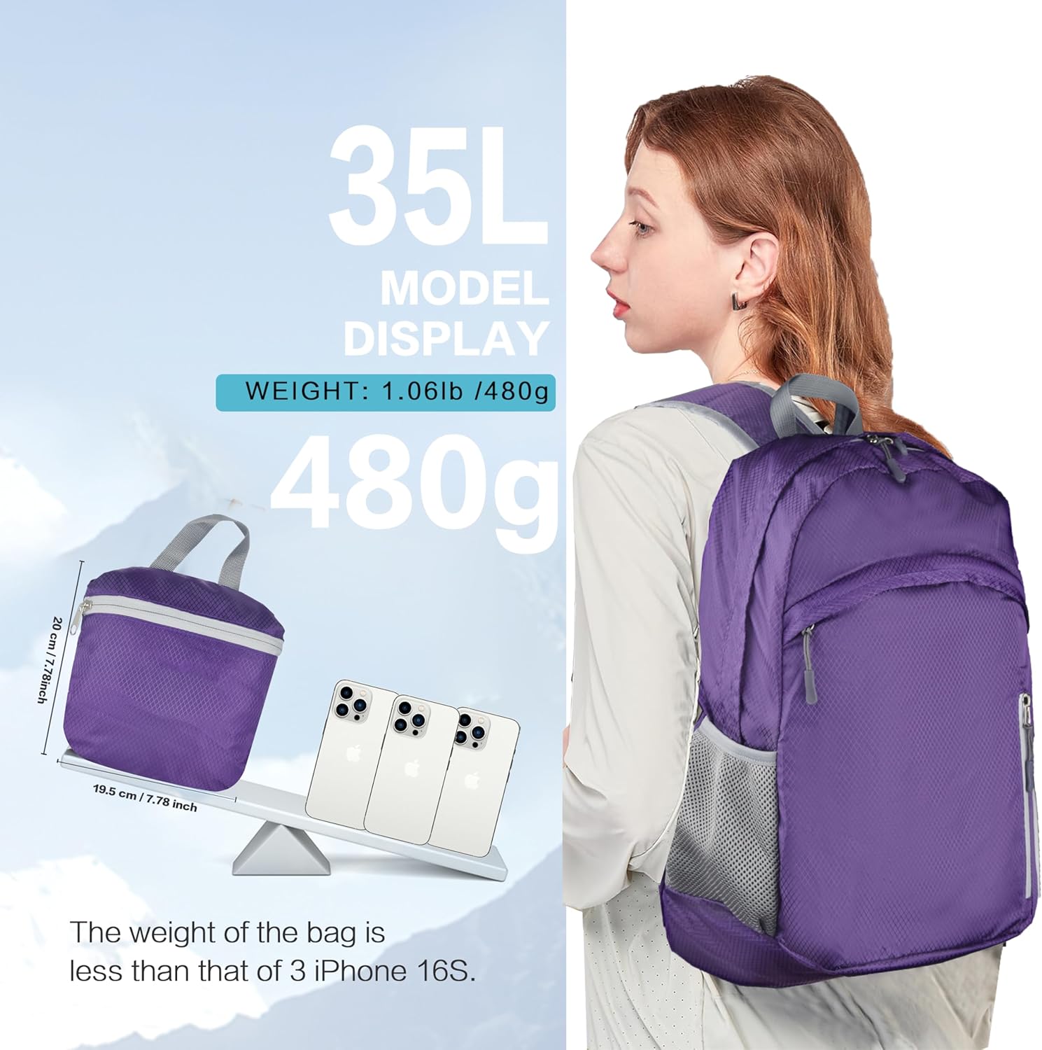 35L Waterproof Backpack Beach Foldable Lightweight Dry Wet Split Hiking Backpack Men Women Purple - Image 5