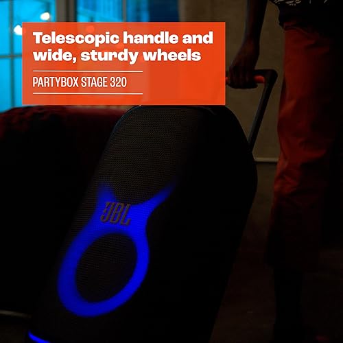 Miniatura 7 de JBL PartyBox Stage 320 - Altavoz portátil para fiestas con mango telescópico y ruedas anchas y resistentes, potente sonido JBL Pro, espectáculo de