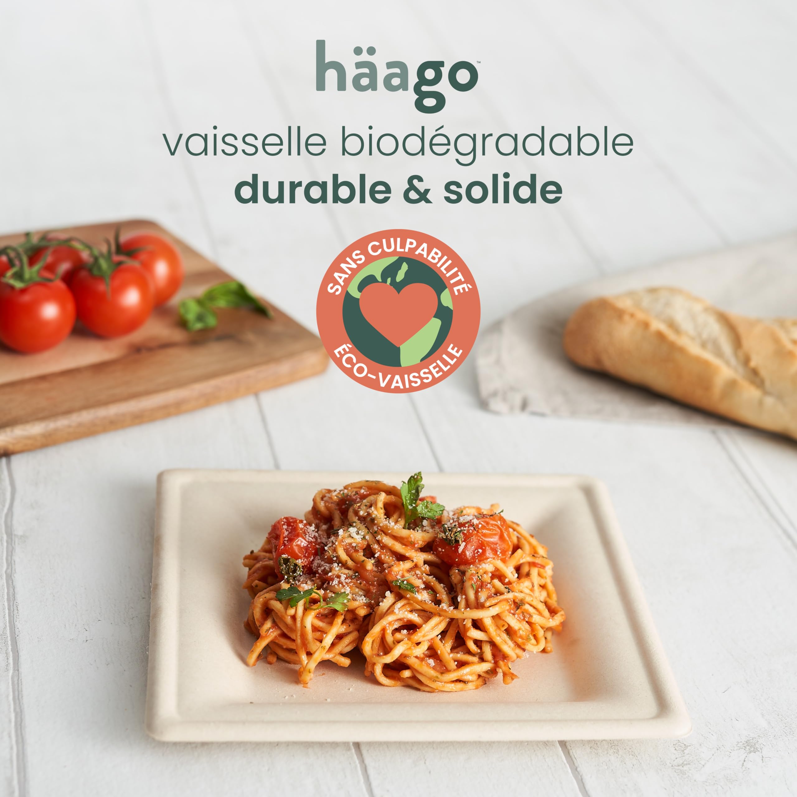 HAAGO 100 Assiettes Solides Compostables en Canne à Sucre, 20 cm / 8 Pouces Carrées – Assiettes Carton Rigides, Anti-Graisse & Anti-Fuites – Jetables pour Chaud & Froid, Fêtes, BBQ, Traiteur