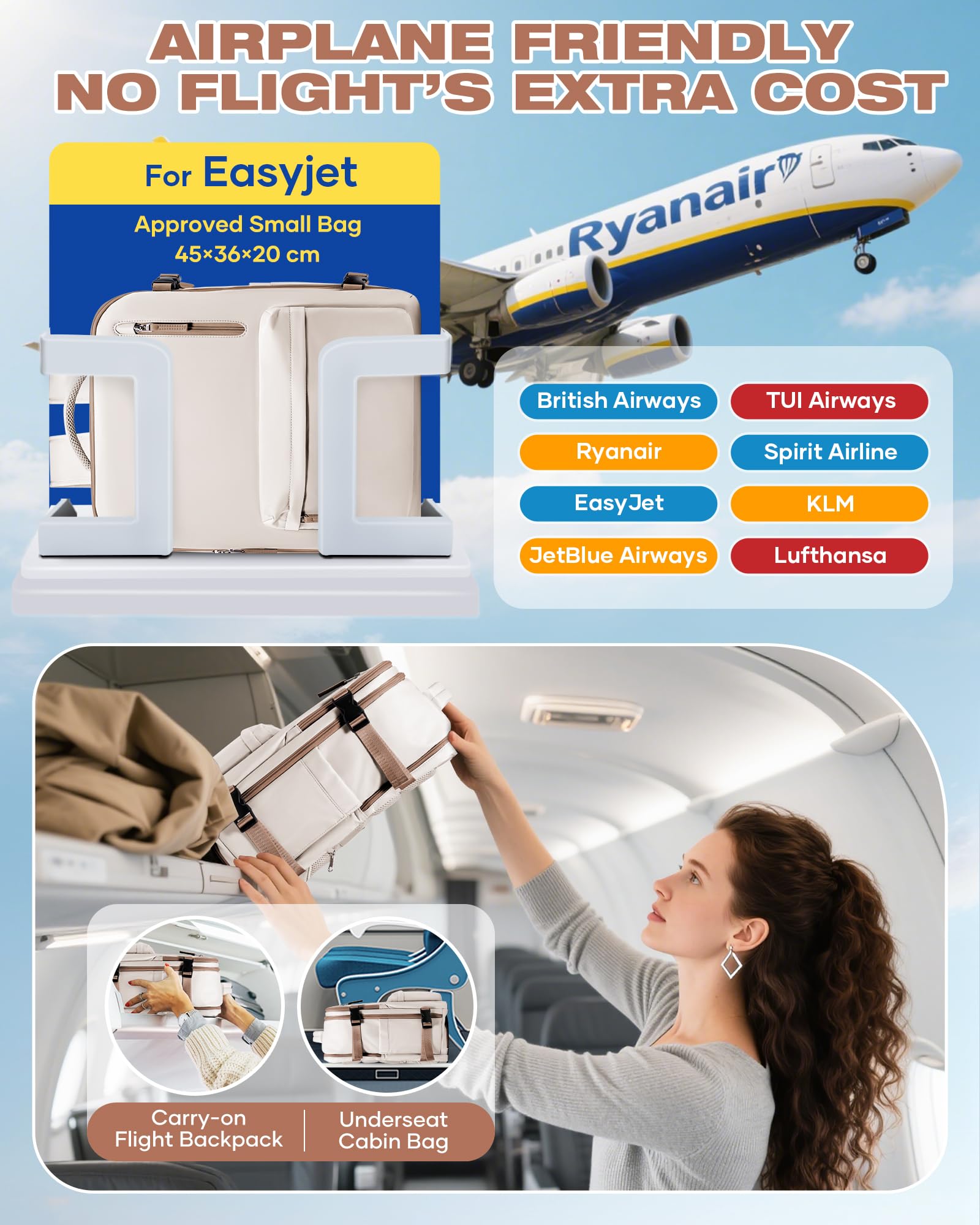 SZLX Zaino Ryanair 40x30x20 Sottovuoto con pompa Zaino Ryanair 40x20x25 Sottovuoto Bagaglio a Mano 40x30x20 Wizzair Zaino da Viaggio 45x36x20 Easyjet Donna Zaino Casual Laptop 14 Pollici Impermeabile