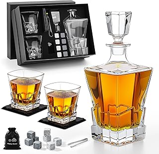 Whisky Karaffe Set, Whiskey Geschenkset, Dekanter 800ML, 2 Gläser, 8 Steine, Whisky Karaffe und Gläser Set, Whiskygläser Geschenke für Männer