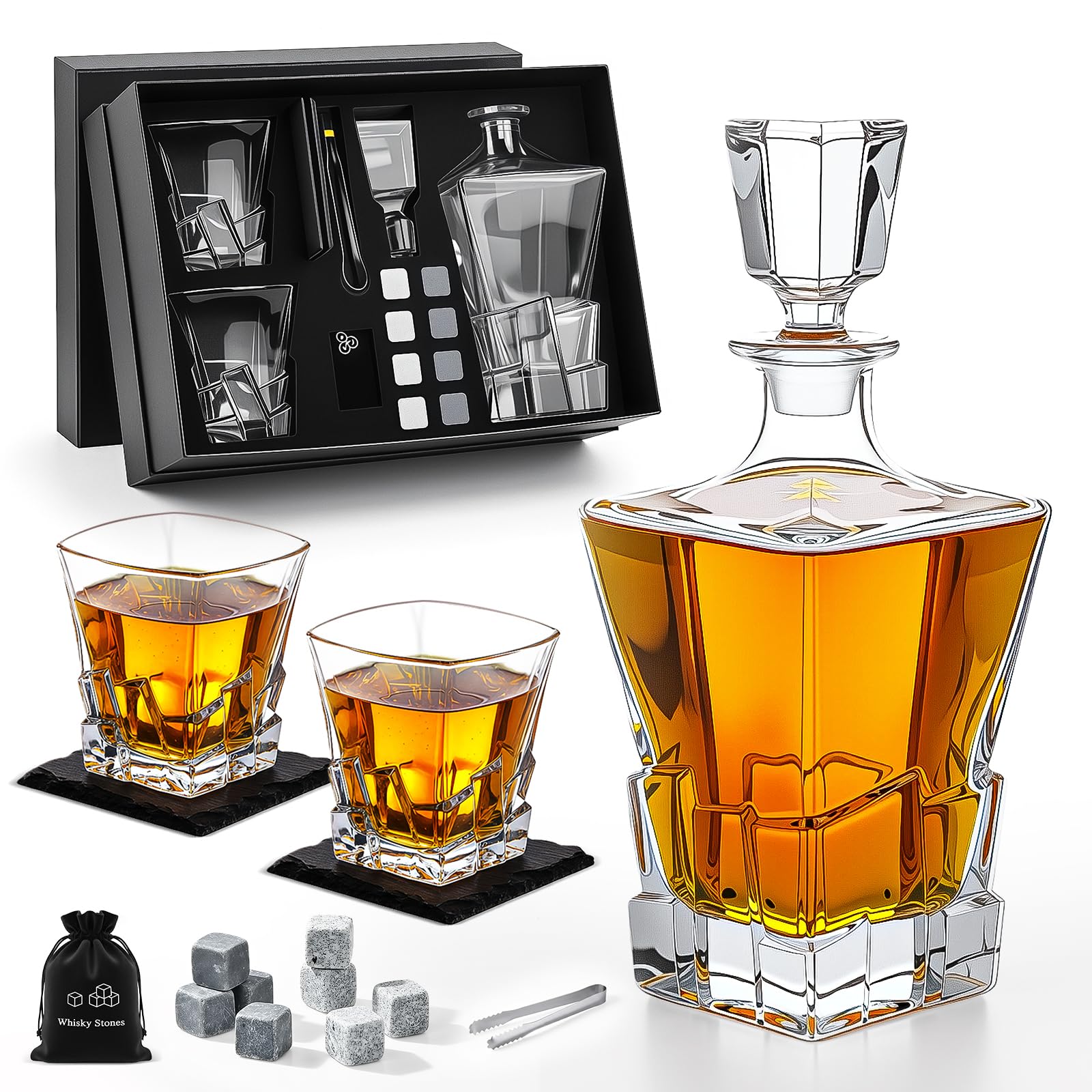 Set de Regalo de Whisky, Decantador de Whisky, Decantador 800ml, 2 Vasos de Whiskey, 8 Piedras de Whisky, Vasos y Jarra de Whisky para Bourbon Scotch Martini Coñac Cóctel, Regalo Hombre