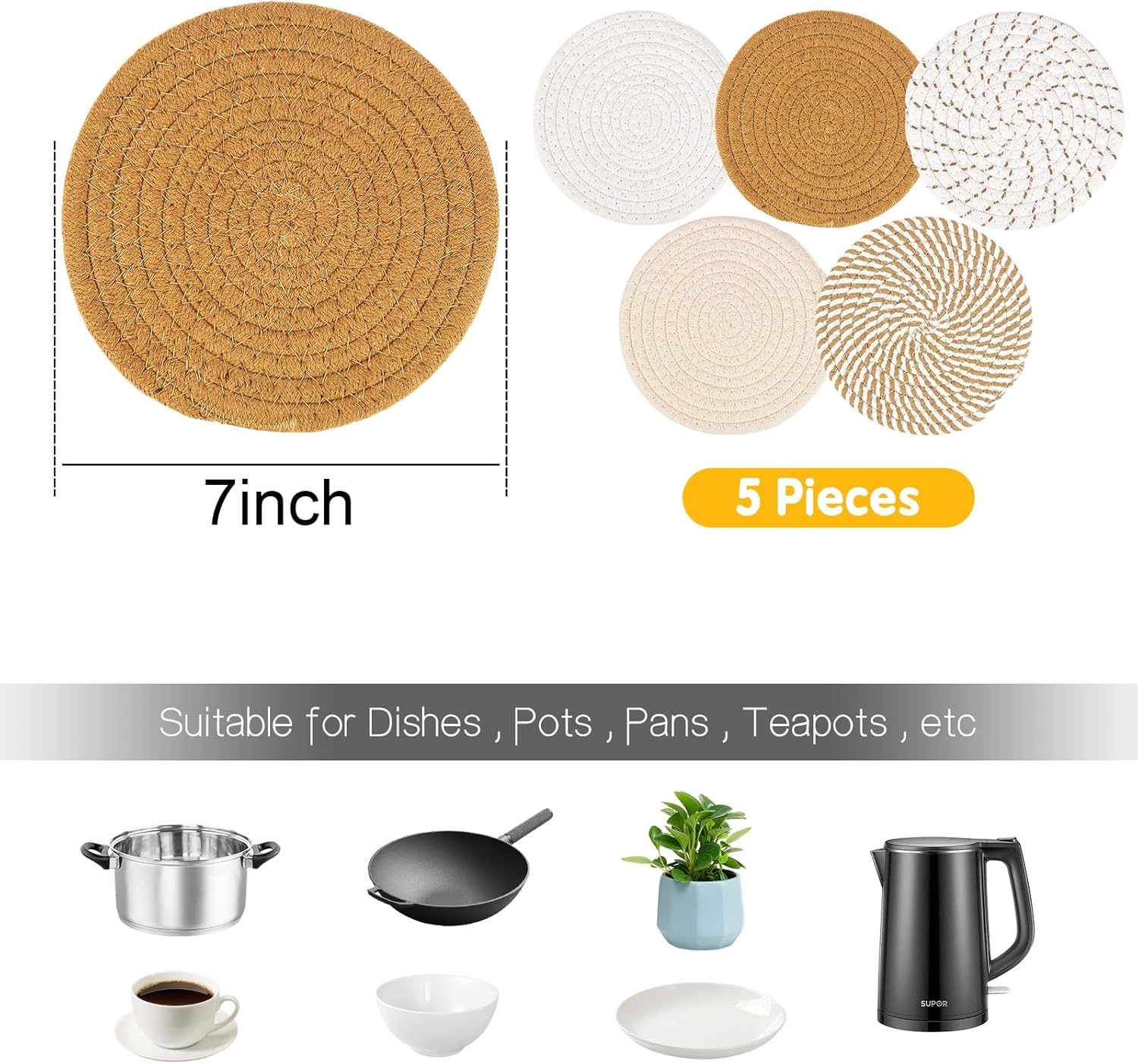 Mats Set for Hot Dishes, 5 Heat Resistant Pot Holders for Kitchen, Home Essentials, Anti Stain Hot Pads for Hot pots and Pans, Fall Decorations for Home, 7 Inches(Brown) image 2 of 6 B0FJDK7MTF