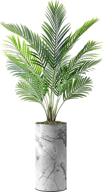 Artificial Tree in Gray Marble Effect Planter, Fake Areca Tropical Palm Silk Tree for Indoor and Outdoor Home Decoration -...