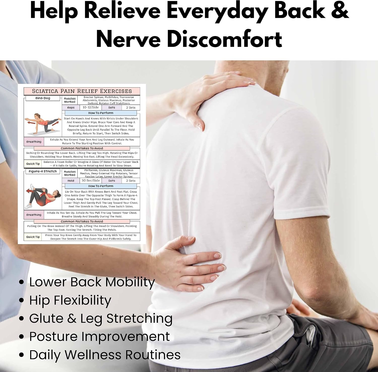Sciatica Pain Relief Exercise Chart, Lower Back & Nerve Stretching Poster for Home Physical Therapy, Hip, Glute & Leg Mobility, for Seniors & Adults