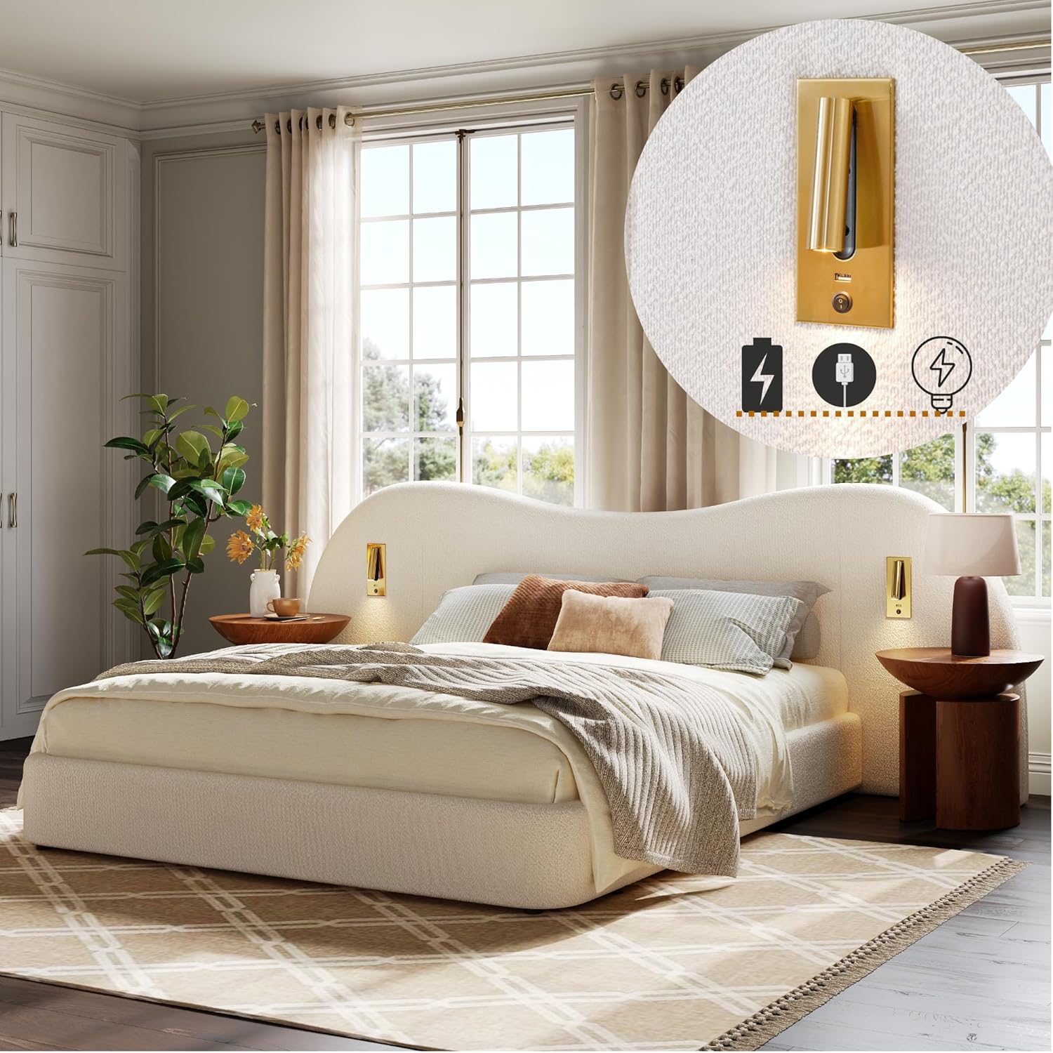 King Bed Frame with Cloud-Shaped Headboard, King Upholstered Bed Frame with Reading Lights, Platform Bed Frame with USB Ports for Bedroom, No Box Spring Needed, Boucle Fabric, White