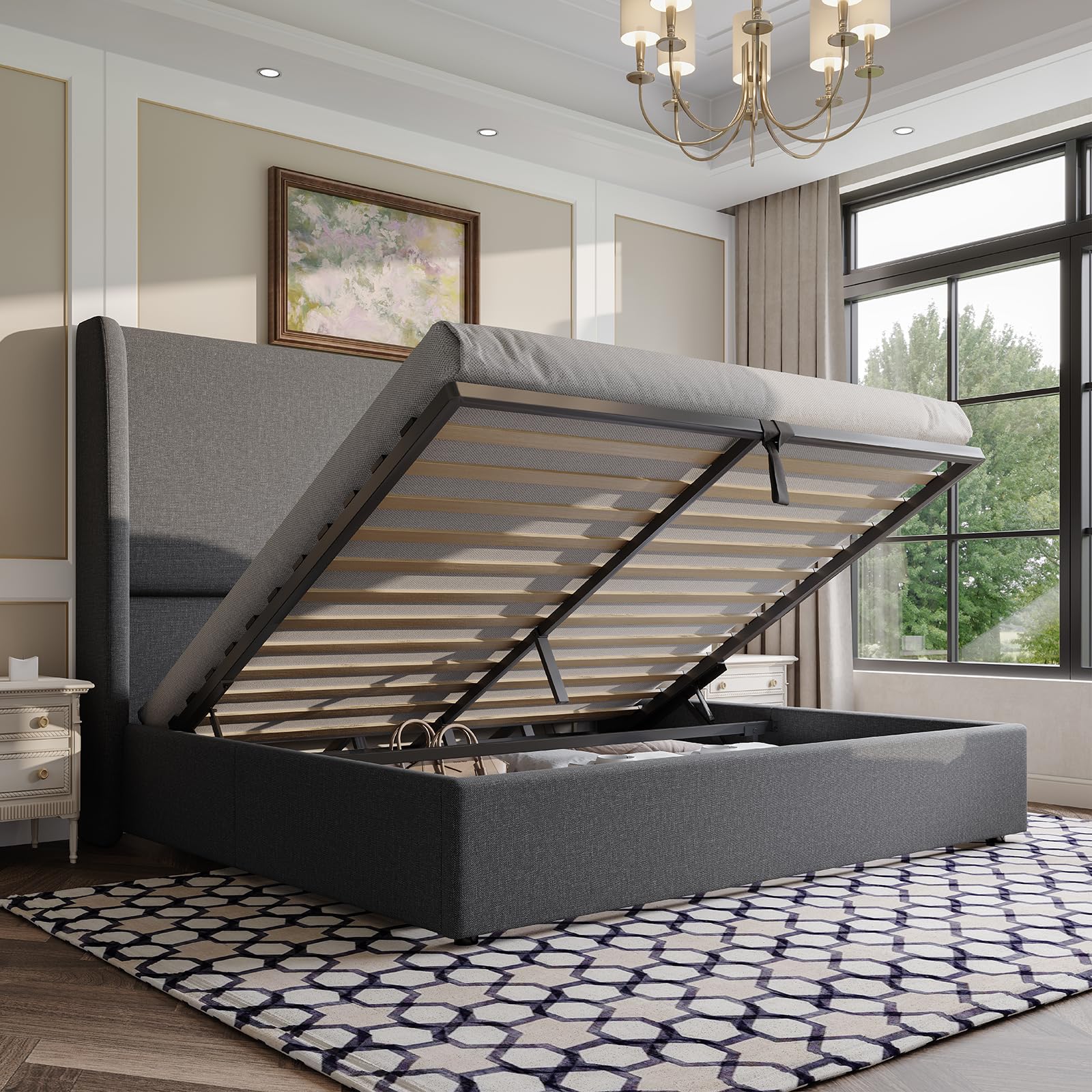 AMERLIFE Lift Up Storage Bed Queen Size Linen Upholstered Platform Bed Frame, Hydraulic Storage,Modern Wingback Headboard, No Box Spring Needed, Dark