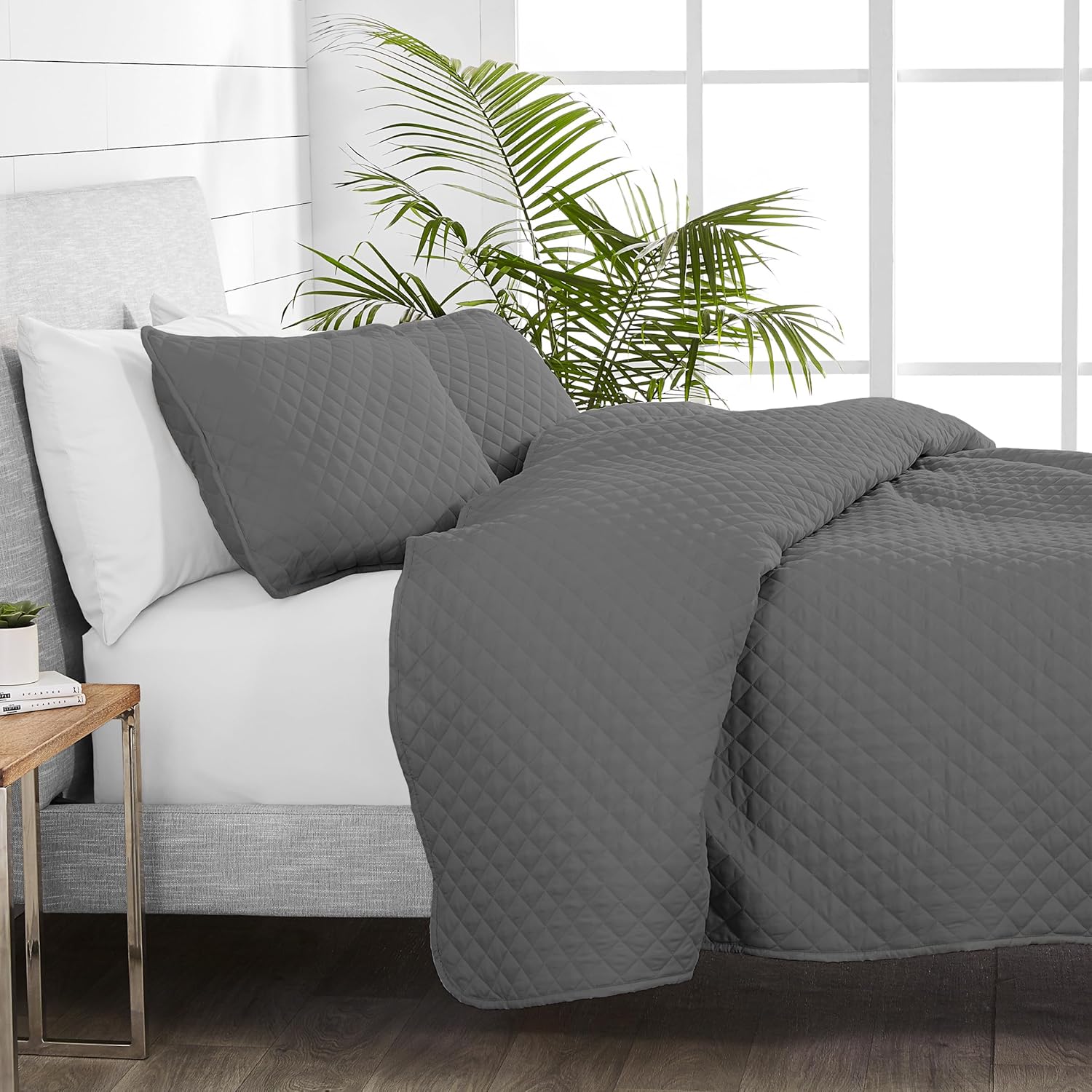 Gray Diamond Stitched Microfiber Twin Coverlet Set