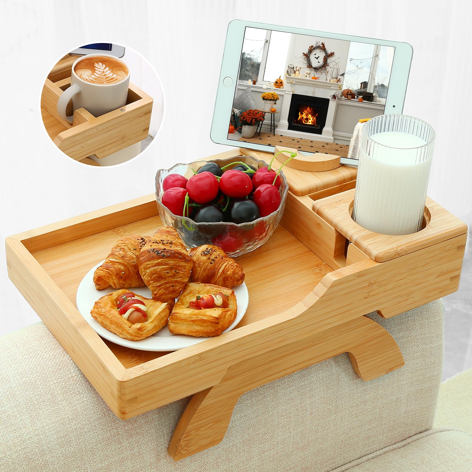 GHKINMAL Bamboo Couch Cup Holder, 4 in 1 Couch Arm Trays with 360°Rotated Phone Holder, Non-Slip Clip on Side Table for Drinks/Remote/Snacks, Ideal Gift for Husband, Wife, Parents